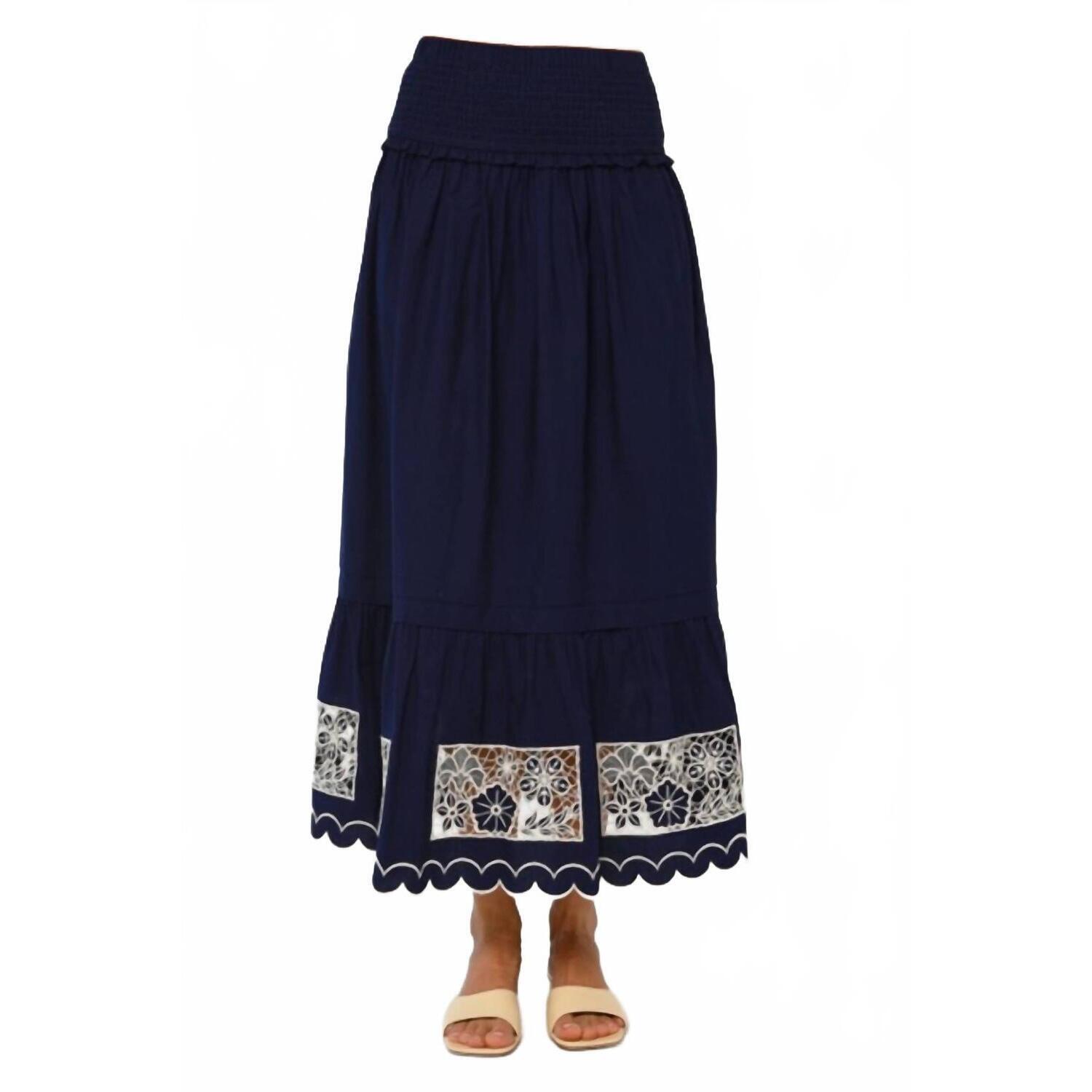 New Love The Label Nolan Midi Skirt In Navy Ivory Embroidery